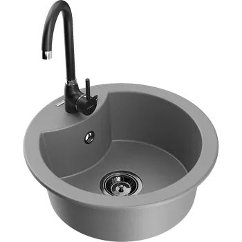 Granitový dřez Mexen Diego granitový dřez jednokomorový s kuchyňskou baterií Telma, šedý - 6512-71-670200-70-B Granitové dřezy s baterií