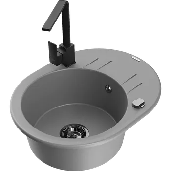 Granitový dřez Mexen Kevin granitový dřez 1-komorový s odkapávačem a kuchyňskou baterií Rita, šedý - 6517-71-670300-70-B Granitové dřezy s baterií