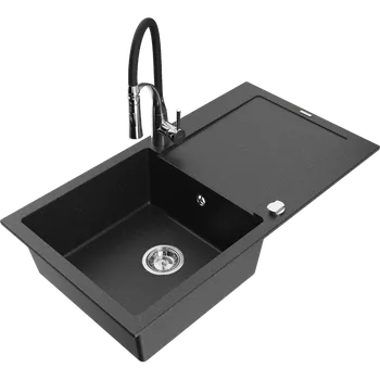 Granitový dřez Mexen Leo granitový dřez s jednou komorou a odkapávačem a kuchyňskou baterií Aster, černý/stříbrný metalik - 6501-73-73450-07 Granitové dřezy s baterií