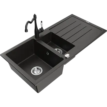 Granitový dřez Mexen Andres granitový dřez 1,5-komorový s odkapávačem a kuchyňskou baterií Carla, černý/zlatý - 6515-75-670700-70 Granitové dřezy s baterií