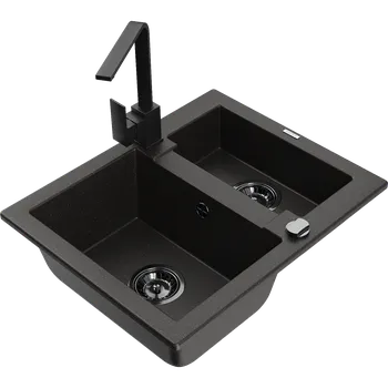 Granitový dřez Mexen Carlos granitový dřez 1,5-komorový s kuchyňskou baterií Rita, černý/zlatý metalik - 6518-75-670300-70-B Granitové dřezy s baterií