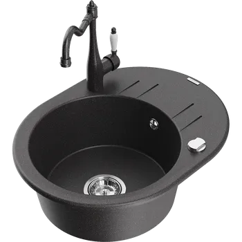 Granitový dřez Mexen Kevin granitový dřez 1-komorový s odkapávačem a kuchyňskou baterií Carla, černý kropenatý - 6517-76-670700-76 Granitové dřezy s baterií