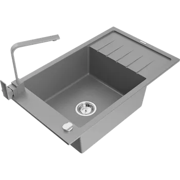 Granitový dřez Mexen Elias granitový dřez 1-komorový s odkapávačem a kuchyňskou baterií Rita, šedý - 6511-71-670300-71 Granitové dřezy s baterií