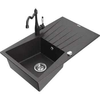 Granitový dřez Mexen Cesar žulový dřez 1-komorový s odkapávačem a kuchyňskou baterií Carla, černý kropenatý - 6514-76-670700-76 Granitové dřezy s baterií