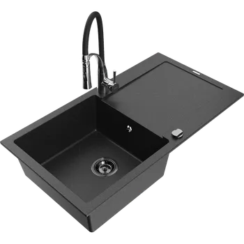Granitový dřez Mexen Leo granitový dřez s 1 komorou a odkapávačem a kuchyňskou baterií Aster, černý/stříbrný metalik - 501-73-73450-07-B Granitové dřezy s baterií