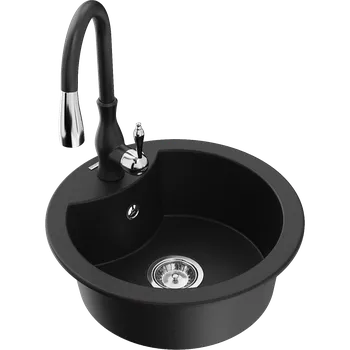 Granitový dřez Mexen Diego granitový dřez s 1 komorou a kuchyňskou baterií Savita, černý - 6512-77-672601-70 Granitové dřezy s baterií