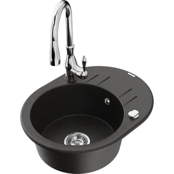 Granitový dřez Mexen Kevin granitový dřez 1-komorový s odkapávačem a kuchyňskou baterií Savita, černý/zlatý metalický - 6517-75-672601-00 Granitové dřezy s baterií