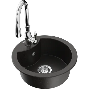 Granitový dřez Mexen Diego granitový dřez 1-komorový s kuchyňskou baterií Savita, černý/zlatý metalík - 6512-75-672601-00 Granitové dřezy s baterií