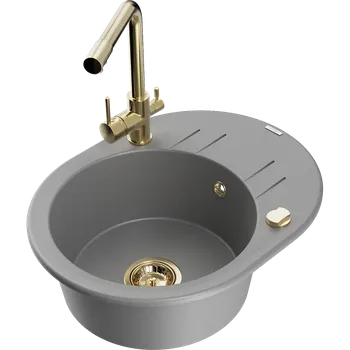 Granitový dřez Mexen Kevin granitový jednodřez s odkapávačem a kuchyňskou baterií Duero, šedý - 6517-71-671600-50 Granitové dřezy s baterií