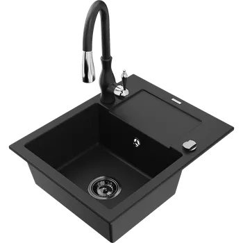 Granitový dřez Mexen Enzo granitový dřez 1-komorový s odkapávačem a kuchyňskou baterií Savita, černý - 6506-77-672601-70-B Granitové dřezy s baterií
