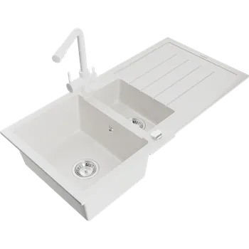 Granitový dřez Mexen Andres kamenný dřez 1,5-komorový s odkapávačem a kuchyňskou baterií Duero, bílý - 6515-20-671600-20 Granitové dřezy s baterií