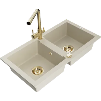 Granitový dřez Mexen Mario žulový dřez 2-komorový s kuchyňskou baterií Duero, béžový - 6504-69-671600-50 Granitové dřezy s baterií