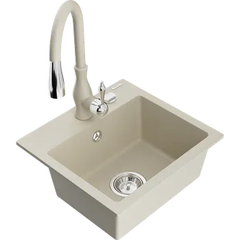 Granitový dřez Mexen Milo granitový dřez 1-komorový s kuchyňskou baterií Savita, béžový - 6505-69-672601-69 Granitové dřezy s baterií
