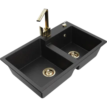Granitový dřez Mexen Tomas granitový dřez 2-komorový s kuchyňskou baterií Rita, černý/stříbrný metalický - 6516-73-670300-50 Granitové dřezy s baterií