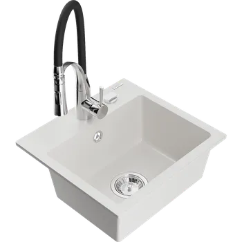 Granitový dřez Mexen Milo granitový dřez 1-komorový s kuchyňskou baterií Aster, bílý - 6505-20-73450-07 Granitové dřezy s baterií