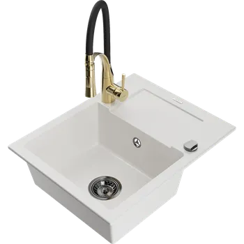 Granitový dřez Mexen Enzo granitový dřez s odkapávačem a kuchyňská baterie Aster, bílá - 6506-20-73450-57-B Granitové dřezy s baterií