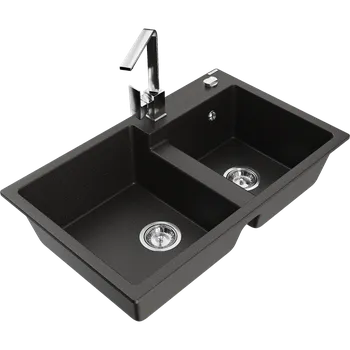 Granitový dřez Mexen Tomas dřez granitový 2-komorový s kuchyňskou baterií Rita, černý/zlatý metalik - 6516-75-670300-00 Granitové dřezy s baterií