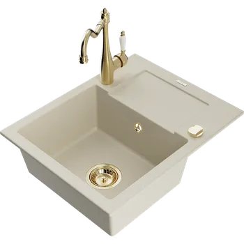 Granitový dřez Mexen Enzo granitový dřez 1-komorový s odkapávačem a kuchyňskou baterií Carla, béžový - 6506-69-670700-50 Granitové dřezy s baterií