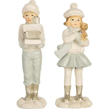 Béžová dekorace dívka a chlapec s medvídkem a dárky - 5*4*11 cm