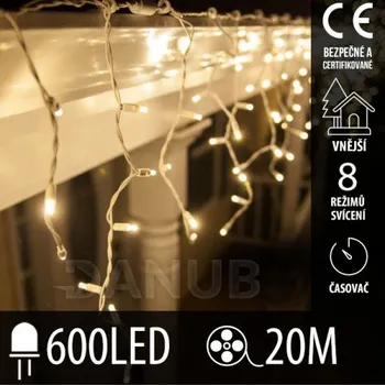 LED trubice Vánoční led světelná záclona vnější - programy - časovač - 600led - 20m teplá bílá