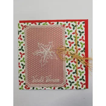 Dvojité vánoční přání s mašličkou - jmelí na papírové krajce