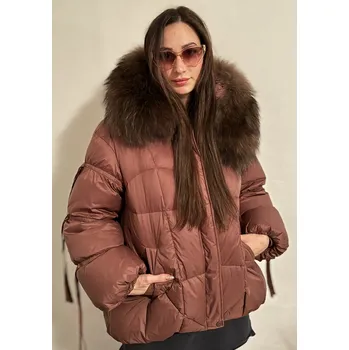 Dámský kabát Dámská zimní bunda s pravou liščí kožešinou Barva: Hnědá, Velikost: M