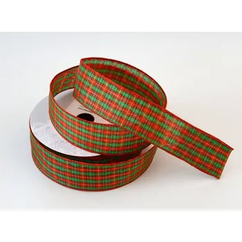 Stuha Stuha s drátky 3,8 cm - ČERVENO-ZELENÉ KOSTKY