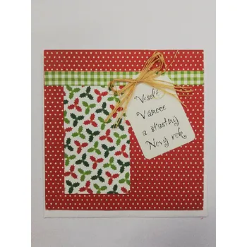 Dvojité vánoční přání s mašličkou - puntíčky na červené a jmelí