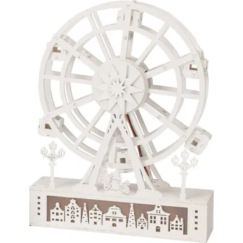Vánoční dekorace Vánoční svítící otočné kolo Městečko, 26,5 x 5,5 x 20 cm, 4x LED, dřevo, bílá