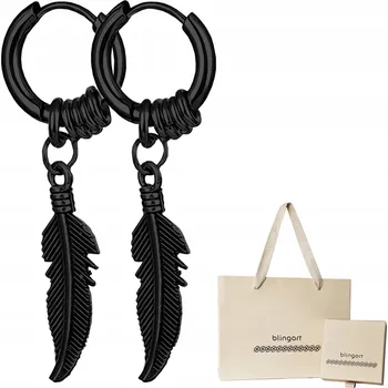 Náušnice BLINGART Pánské visací Náušnice ČERNÁ PÉŘÍČKA v kroužcích, ocelové, zdobené