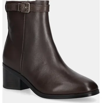 Dámské kozačky Kožené kotníkové boty Tommy Hilfiger TH BUCKLE RIDING MID HEEL BOOTIE dámské, hnědá barva, na podpatku, FW0FW08859 88X, EUR 38