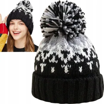 Čepice ČEPICE ZIMNÍ DÁMSKÁ S BAMBULKOU BEANIE ZATEPLENÁ NA ZIMU ČERNÁ