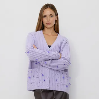 Dámský svetr Reserved - Kardigan s aplikacemi - levandulová - 076GS-04X - 076GS-04X-L