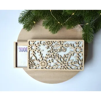 Vánoční dekorace Dárky Bella Dřevěná dárková kazeta na peníze vánoční - vločky Barva: Šampaň perleťová
