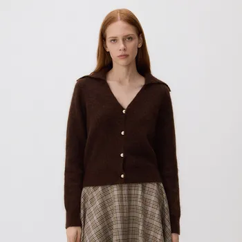 Dámský svetr Reserved - Kardigan s moherem - tmavě hnědá - 323HL-89X - 323HL-89X-XL