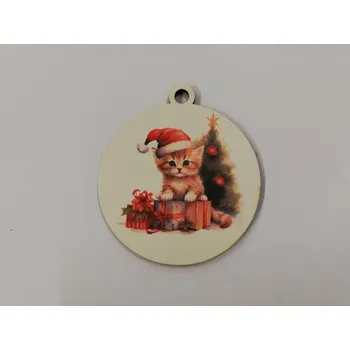 Vánoční dekorace Vánoční výřez baňka - koťátko s vánoční čepičkou č.2