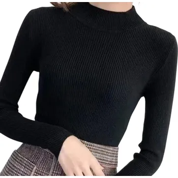 Dámský svetr Dámský pletený svetr s rolákem z bavlny a akrylu Jednobarevný hřejivý svetr s dlouhým rukávem Univerzální velikost pro podzim a zimu černá