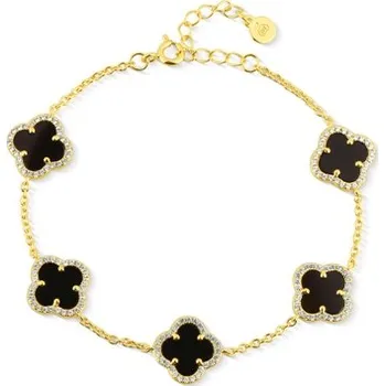 Náramek Dámský stříbrný zlacený náramek se čtyřlístky a onyxy 17-20 cm SVLB0929SK6GO18 + dárek zdarma