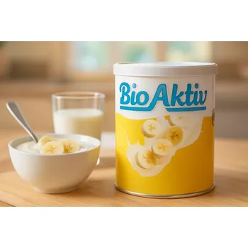 BioAktiv Klasik Family – Banán, 375 g (probioticko-prebiotický nápoj v prášku). (Doplněk stravy v prášku s příchutí banánu s kulturou Lactobacillus acidophilus a se sladidlem.)
