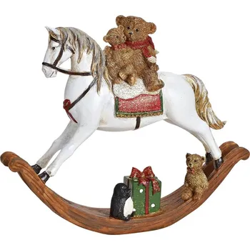 Vánoční dekorace Houpací kůň s vánočním stromkem a dárky 21x4x17 cm - bílý