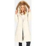 Smetanový dámský péřový kabát s ozdobným páskem BLH 241002 FXR - light beige Velikost: XL