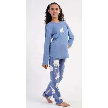 Dívčí pyžamo Dětské pyžamo dlouhé Méďa a tučňák - modrošedá - 7 - 8