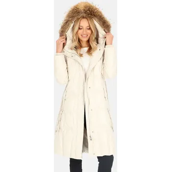 Dámský kabát Smetanový dámský péřový kabát s ozdobným páskem BLH 241002 FXR - light beige Velikost: S