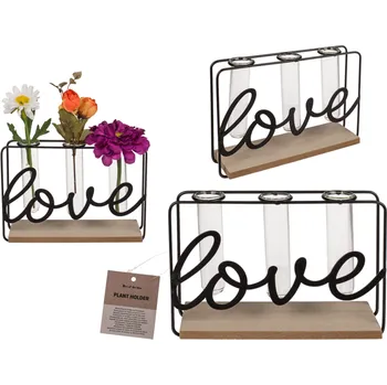 Stojan na květiny Stojan na rostliny na dřevěné desce se 3 zkumavkami - LOVE
