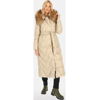 Dámský kabát Smetanový dámský prošívaný kabát s přírodní kožešinou BLH 241005 FR -beige Velikost: M