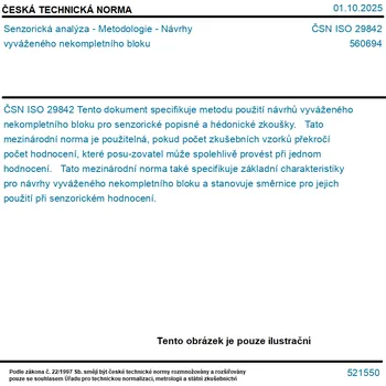 ČSN ISO 29842 - Senzorická analýza - Metodologie - Návrhy vyváženého nekompletního bloku - Tisk