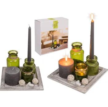 Dřevěný dekorativní talíř bílo-přírodní se svícny