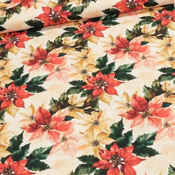 Směsové plátno vánoční 513032 5874 DIGITÁLNÍ TISK, červená a béžová vánoční růže, š.140cm (látka v metráži)