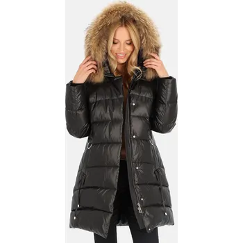 Dámská bunda Černá dámská prošívaná péřová bunda s přírodní kožešinou BLH 241062 FXR - black Velikost: S
