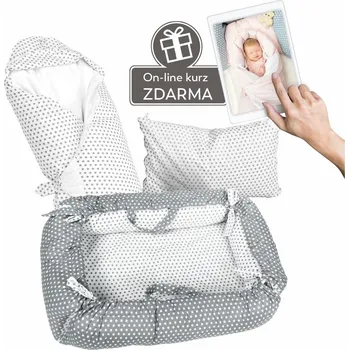 Zavinovačka Eva Kiedroňová SET 5v1 - Malý Pelíšek - Bílý s šedými hvězdičkami + Zdarma online kurz - Hnízdění miminka v pelíšku